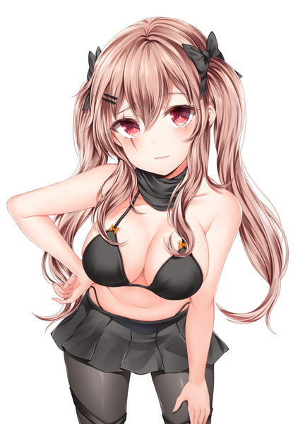 Anime picture 1900x2700 with girls frontline ump9 (girls frontline) zerocat single long hair tall image looking at viewer blush fringe highres breasts light erotic simple background hair between eyes red eyes brown hair large breasts white background twintails bare shoulders