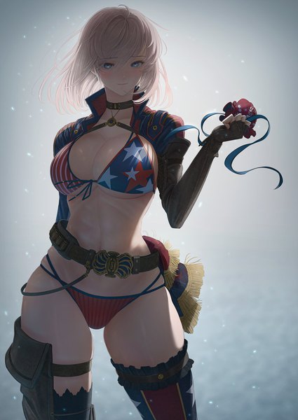 Anime picture 1063x1500 with fate (series) fate/grand order miyamoto musashi (fate) miyamoto musashi (swimsuit berserker) (fate) imizu (nitro unknown) single tall image looking at viewer blush fringe short hair breasts blue eyes light erotic simple background hair between eyes large breasts standing holding pink hair
