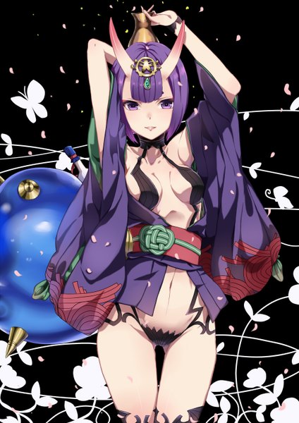 Anime picture 1000x1414 with fate (series) fate/grand order shuten douji (fate) nancy (pixiv 11655364) single tall image looking at viewer fringe short hair breasts light erotic standing purple eyes purple hair traditional clothes parted lips japanese clothes horn (horns) arms up black background
