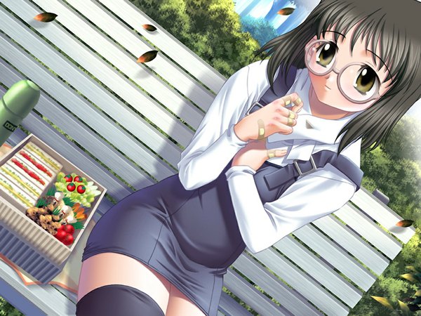 Anime picture 1024x768 with harem days (game) short hair black hair green eyes game cg girl glasses food