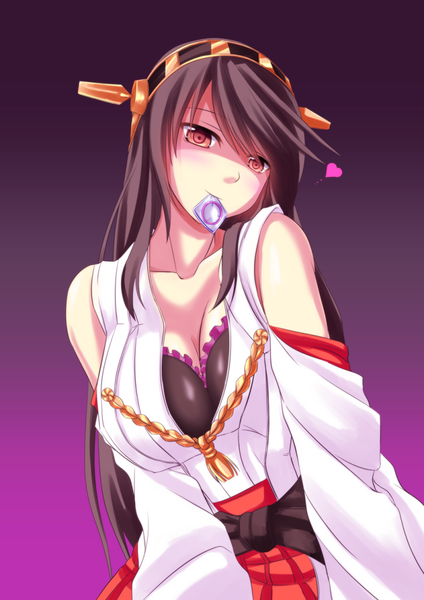 Anime picture 1033x1462 with kantai collection haruna battleship hakomaru (pandora box) single long hair tall image looking at viewer blush fringe light erotic black hair hair between eyes red eyes bare shoulders traditional clothes head tilt japanese clothes purple background condom in mouth girl