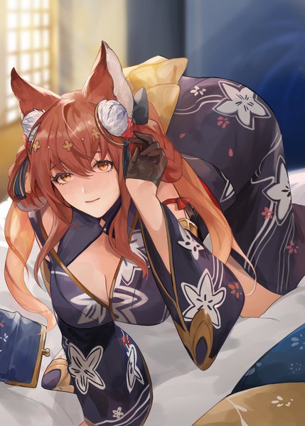 Anime picture 2500x3500 with granblue fantasy anthuria muunai single long hair tall image looking at viewer fringe highres breasts light erotic hair between eyes brown hair large breasts brown eyes animal ears cleavage indoors traditional clothes japanese clothes