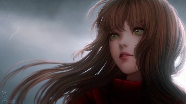 Anime picture 1920x1080 with domestic na kanojo tachibana hina alqmia single long hair fringe highres brown hair wide image green eyes signed looking away upper body parted lips lips realistic wallpaper tears girl