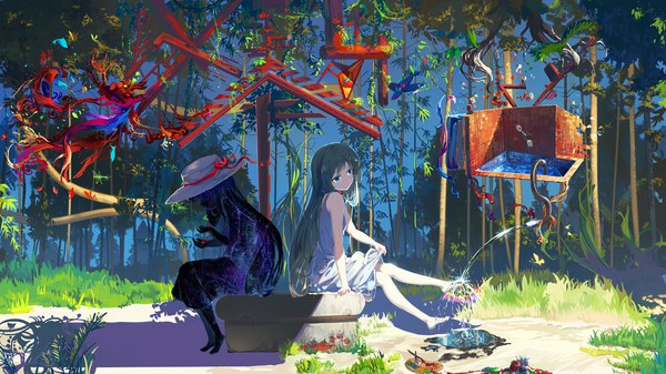 Anime picture 2835x1594 with original mianbaoshi mengxiang long hair highres blue eyes wide image sitting multiple girls barefoot green hair shadow sleeveless abstract girl dress 2 girls plant (plants) hat tree (trees) water