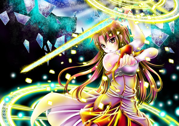 Anime picture 3541x2508 with sword art online a-1 pictures yuuki asuna aka kitsune single long hair blush highres brown hair brown eyes absurdres magic girl weapon detached sleeves sword magic circle
