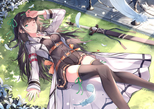 Anime picture 1338x946 with original fuuro (johnsonwade) single long hair looking at viewer blush fringe breasts black hair payot outdoors lying blunt bangs pleated skirt one eye closed arm up aqua eyes from above sunlight open clothes