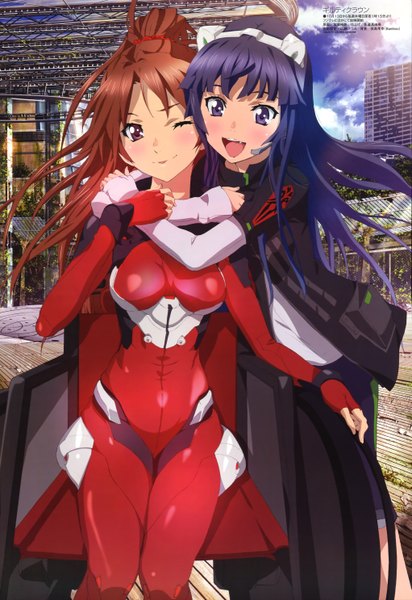 Anime picture 4083x5944 with guilty crown production i.g megami magazine tsugumi shinomiya ayase long hair tall image blush highres open mouth smile brown hair purple eyes multiple girls brown eyes absurdres purple hair one eye closed wink official art