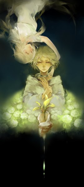 Anime picture 1200x2669 with original deta long hair tall image looking at viewer short hair blonde hair simple background red eyes grey eyes girl boy plant (plants) mantle