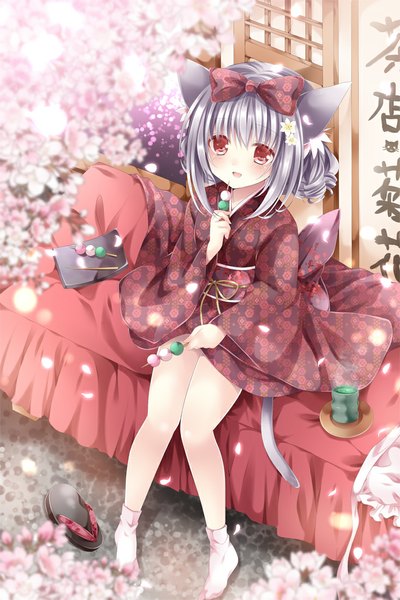 Anime picture 733x1100 with original nogi takayoshi single tall image blush short hair open mouth red eyes animal ears tail traditional clothes japanese clothes animal tail grey hair cat ears cat girl loli cat tail cherry blossoms eating