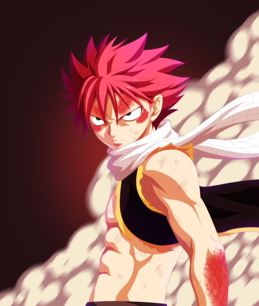 Anime picture 2145x2536 with fairy tail natsu dragneel advance996 single tall image highres short hair green eyes pink hair sleeveless torn clothes coloring smoke muscle angry brown background boy scarf