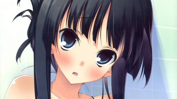 Anime picture 1366x769 with k-on! kyoto animation akiyama mio blush blue eyes black hair wide image close-up