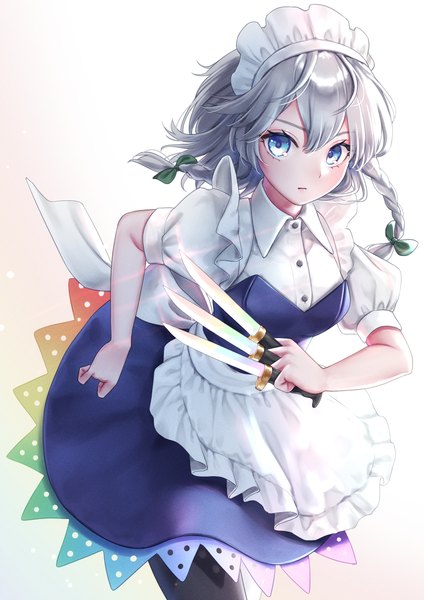 Anime picture 1158x1637 with touhou unconnected marketeers izayoi sakuya torinari (dtvisu) single tall image looking at viewer fringe short hair blue eyes simple background hair between eyes white background silver hair braid (braids) maid puffy sleeves twin braids girl uniform