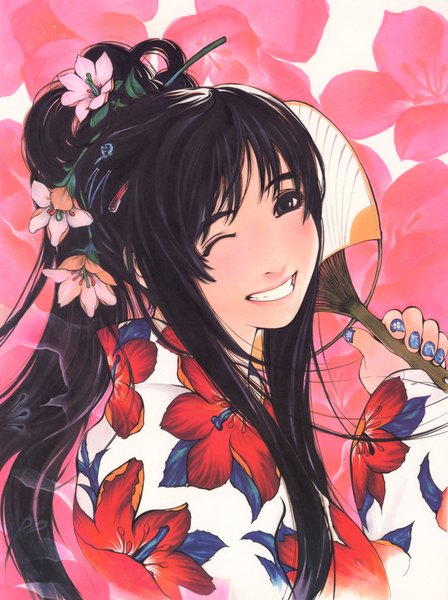 Anime-Bild 2700x3618 mit tenjou tenge natsume aya oogure ito single long hair tall image highres black hair smile upper body nail polish traditional clothes japanese clothes one eye closed hair flower wink black eyes grin floral print floral background