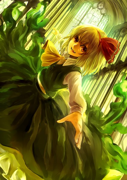Anime picture 900x1272 with touhou rumia nishiuri (artist) single tall image looking at viewer short hair blonde hair red eyes teeth fang (fangs) magic spread arms girl dress skirt bow hair bow skirt set