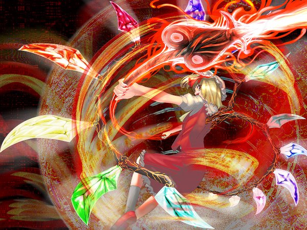 Аниме картинка 1300x975 с touhou фландре скарлет arugeri короткие волосы светлые волосы красные глаза девушка шляпа крылья laevatein (touhou)
