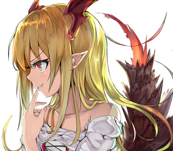Anime picture 1191x1042 with granblue fantasy vampy marisayaka single long hair fringe simple background blonde hair smile red eyes white background bare shoulders payot looking away upper body tail profile pointy ears teeth fang (fangs)
