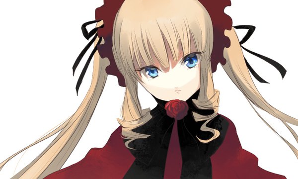 Anime picture 1000x600 with rozen maiden shinku kayanogura single long hair looking at viewer blue eyes simple background blonde hair wide image white background twintails payot upper body head tilt drill hair girl