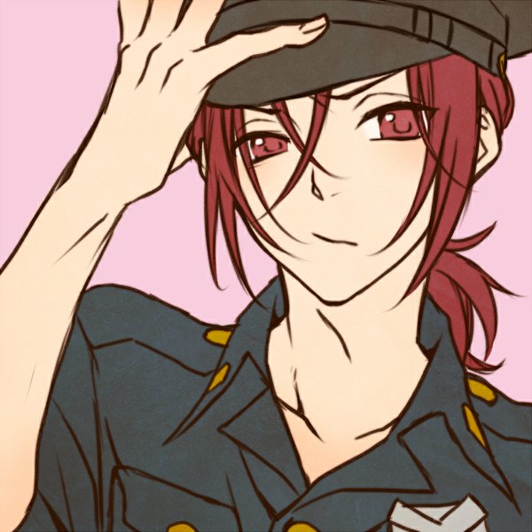 Anime picture 800x800 with free! kyoto animation matsuoka rin rio (rio 01) single looking at viewer fringe short hair simple background hair between eyes red eyes red hair portrait pink background hand on head boy uniform peaked cap police uniform