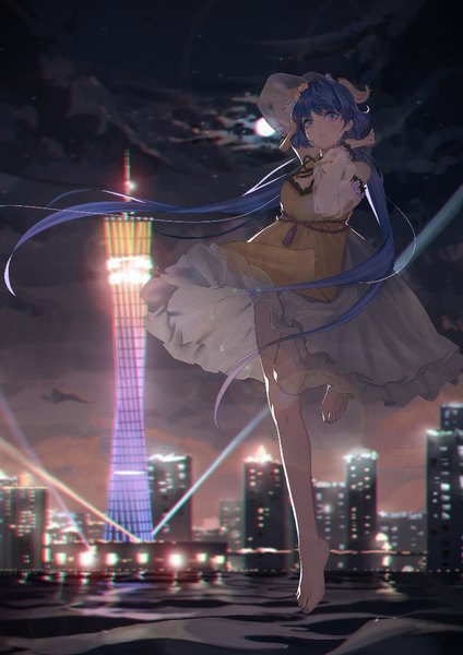 Anime picture 826x1169 with touhou tsukumo benben houraisan chouko single tall image blue eyes twintails blue hair full body very long hair barefoot night low twintails city cityscape guangzhou girl dress tower canton tower