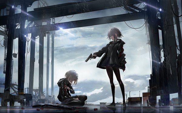 Anime picture 2000x1253 with original swav fringe highres short hair standing sitting multiple girls holding sky cloud (clouds) outdoors profile grey hair outstretched arm rain bleeding girl skirt weapon