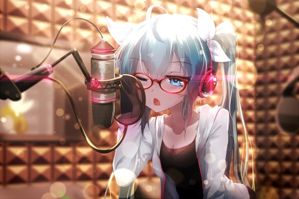 Anime picture 1700x1133 with vocaloid hatsune miku qys3 single long hair blush fringe open mouth blue eyes twintails cleavage one eye closed wink aqua hair open clothes open jacket leaning leaning forward lens flare light