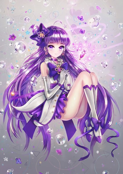 Anime picture 900x1273 with original dangmill single long hair tall image looking at viewer light erotic purple eyes purple hair legs girl dress gloves flower (flowers) bow hair bow petals elbow gloves shoes bubble (bubbles)