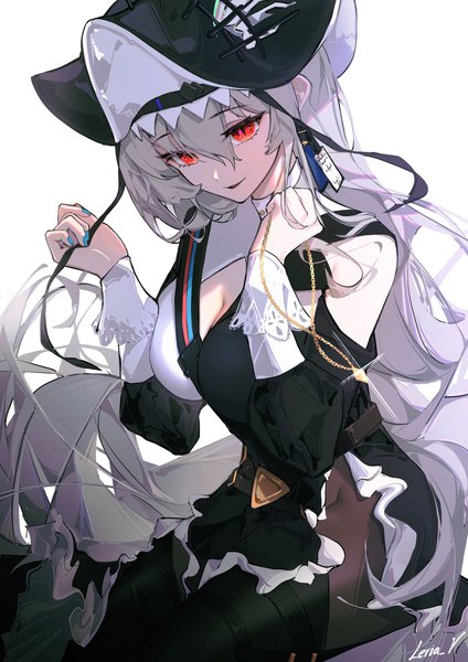 Anime picture 1448x2048 with arknights specter (arknights) specter the unchained (arknights) leria v single tall image fringe simple background hair between eyes red eyes white background sitting looking away cleavage nail polish grey hair sparkle official alternate costume side slit slit pupils