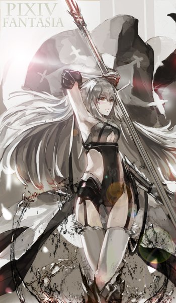 Anime picture 2400x4112 with original pixiv fantasia pixiv fantasia t aenrs chen sen single long hair tall image looking at viewer fringe highres red eyes standing silver hair sunlight inscription text english girl thighhighs
