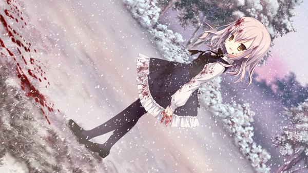 Anime picture 1280x720 with izayoi no fortuna miyasaka miyu single long hair open mouth wide image brown eyes game cg silver hair loli dutch angle snowing winter blood on face bloody clothes blood stains girl dress plant (plants) tree (trees)