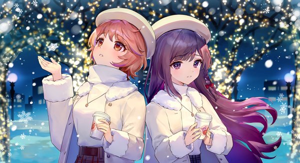 Anime picture 1500x818 with pashirim hashiri alba rim (pashirim) ainy long hair looking at viewer short hair smile wide image purple eyes multiple girls holding brown eyes looking away purple hair upper body outdoors braid (braids) long sleeves parted lips