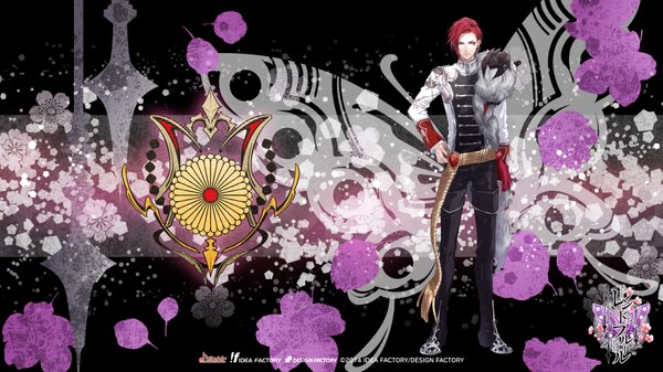 Anime picture 1920x1080 with reine des fleurs idea factory ghislain (reine des fleurs) usuba kagerou single looking at viewer highres red eyes wide image standing red hair official art tattoo wallpaper hand on hip boy fur insect butterfly