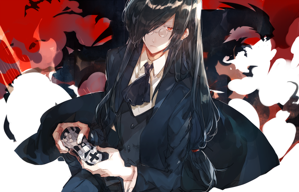 Anime picture 1500x964 with kobayashi-san chi no maidragon kyoto animation fafnir (maidragon) aki mitsu single long hair looking at viewer fringe black hair red eyes sitting holding hair over one eye shadow formal boy shirt glasses white shirt cloak