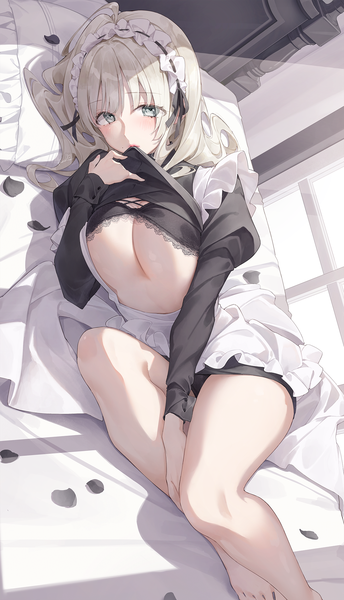 Anime picture 1200x2093 with original kinako (shiratama mochi) single long hair tall image looking at viewer blush fringe breasts light erotic blonde hair large breasts holding ahoge indoors lying blunt bangs long sleeves sunlight mole