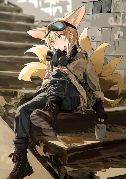 Anime picture 3720x5262 with arknights suzuran (arknights) auguste single tall image highres short hair blonde hair sitting green eyes animal ears looking away absurdres full body tail animal tail alternate costume fox ears fox tail fox girl