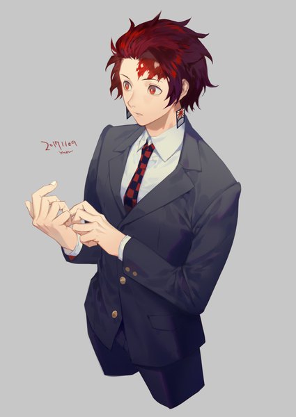 Anime picture 724x1023 with kimetsu no yaiba ufotable kamado tanjirou yamakawa single tall image short hair simple background red eyes signed looking away red hair from above grey background alternate costume dated scar checkered boy earrings