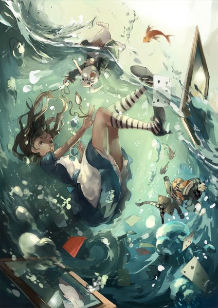 Anime picture 991x1402 with alice in wonderland alice (wonderland) white rabbit mad hatter ooi choon liang long hair tall image blush open mouth brown hair brown eyes dutch angle outstretched arm looking up underwater outstretched hand girl dress animal water