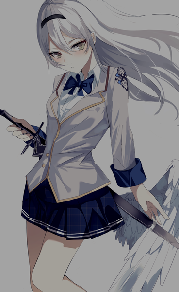 Anime picture 863x1401 with original beckzawachi single long hair tall image looking at viewer blush fringe simple background holding green eyes long sleeves head tilt pleated skirt grey hair grey background bare legs floating hair plaid skirt expressionless