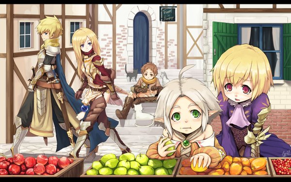 Anime picture 1680x1050 with original 29 (artist) long hair blush highres short hair blonde hair wide image eating fantasy sword food armor cat fruit apple