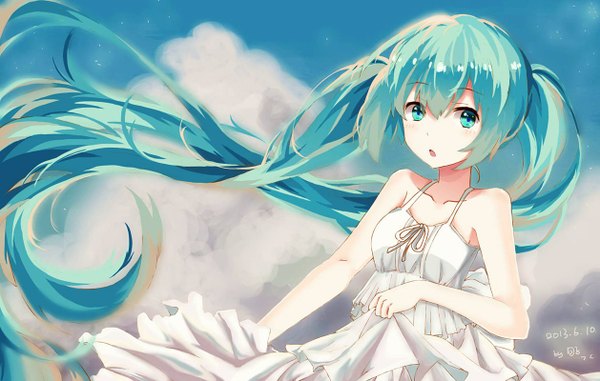 Anime picture 1257x800 with vocaloid hatsune miku coco (238243) single long hair looking at viewer blush open mouth twintails bare shoulders sky cloud (clouds) very long hair aqua eyes aqua hair weightlessness girl dress white dress