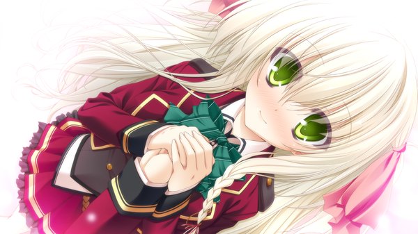 Anime picture 1280x720 with otome wa karen ni koi ni mai! kujou naori suien long hair looking at viewer blush wide image white background green eyes game cg white hair girl uniform ribbon (ribbons) hair ribbon school uniform bowtie