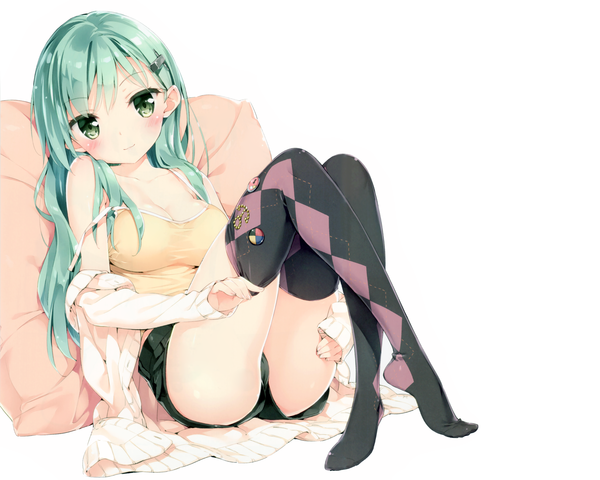 Anime picture 3736x2989 with kantai collection suzuya heavy cruiser kani biimu single long hair looking at viewer blush fringe highres breasts light erotic simple background smile white background sitting bare shoulders green eyes absurdres cleavage green hair
