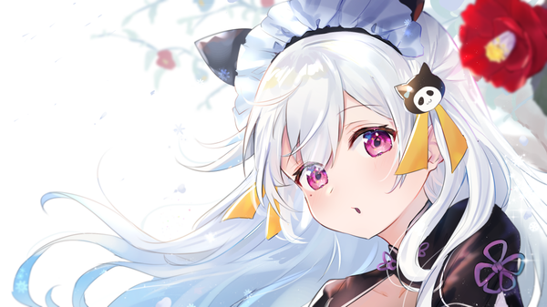 Anime picture 1280x720 with virtual youtuber melty+ hourei tenten omelet tomato single long hair looking at viewer blush fringe open mouth hair between eyes wide image white background purple eyes upper body white hair girl hair ornament flower (flowers) headdress