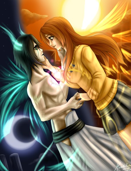 Anime picture 1716x2235 with bleach studio pierrot inoue orihime ulquiorra schiffer limonade (artist) long hair tall image highres short hair black hair brown eyes green eyes nail polish profile light smile orange hair night pale skin muscle face to face