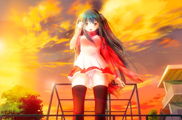 Anime picture 1300x864 with touhikou game tamanaha renna yasuyuki single long hair open mouth light erotic smile twintails yellow eyes blue hair game cg adjusting hair evening cameltoe sunset girl thighhighs skirt hair ornament