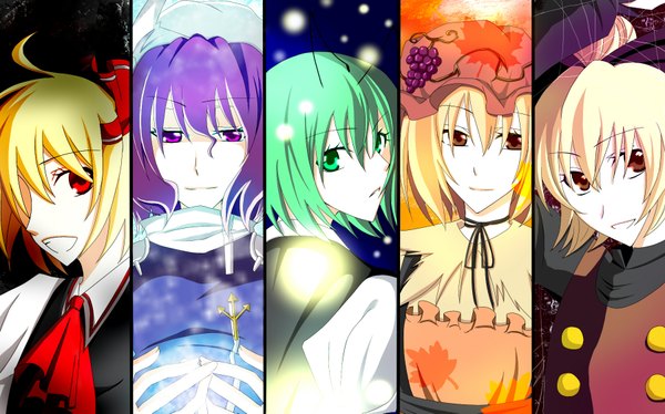 Anime picture 1802x1125 with touhou rumia wriggle nightbug aki minoriko kurodani yamame letty whiterock haruki (pixiv) highres wide image multiview column lineup girl fireflies