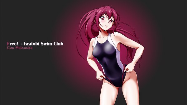 Anime picture 2560x1440 with free! kyoto animation matsuoka gou shugo19 single long hair looking at viewer highres breasts light erotic simple background red eyes wide image standing ponytail red hair wallpaper copyright name character names gradient background