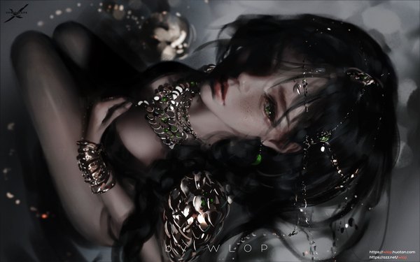 Anime picture 1992x1245 with ghost blade aeolian wlop single long hair fringe highres breasts light erotic black hair sitting green eyes signed cleavage bent knee (knees) lips realistic copyright name watermark hand on chest