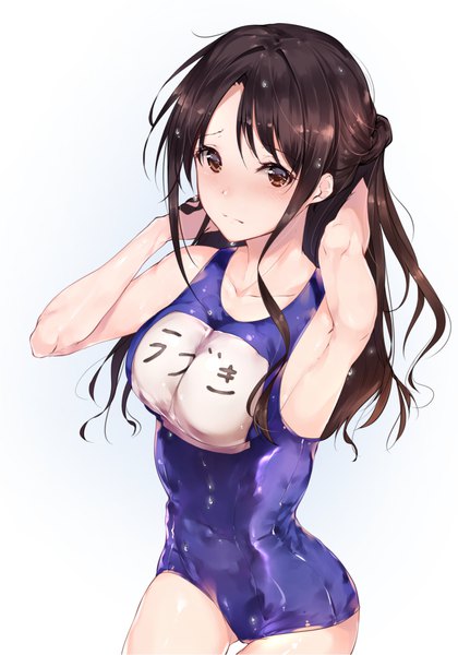 Anime picture 700x1000 with idolmaster idolmaster cinderella girls shimamura uzuki hplay (kyoshinou) single long hair tall image looking at viewer blush fringe breasts light erotic simple background brown hair large breasts white background brown eyes from above armpit (armpits) wet