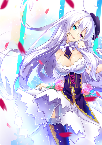 Anime picture 707x1000 with original nyori single long hair tall image looking at viewer fringe breasts blue eyes smile large breasts standing bare shoulders ahoge white hair parted lips pink eyes short sleeves puffy sleeves heterochromia