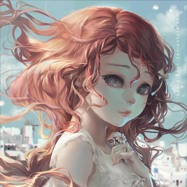 Anime picture 900x900 with original claparo-sans single long hair brown hair signed sky upper body looking back wind lips grey eyes turning head city hand on chest cityscape messy hair girl dress flower (flowers)